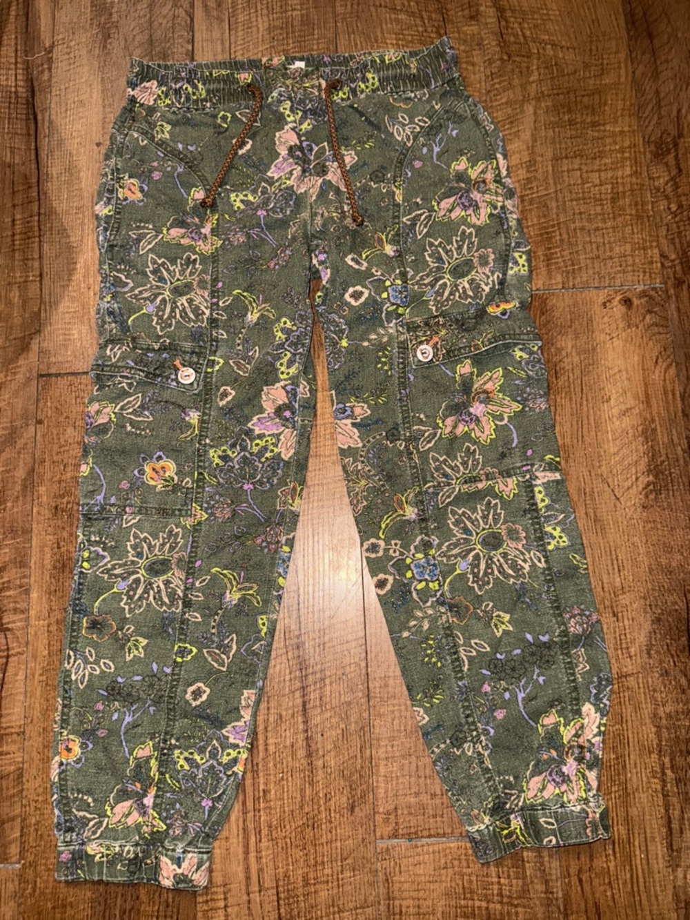 Anthropologie Olive Floral Print Top with Pink, Purple & Yellow Accents